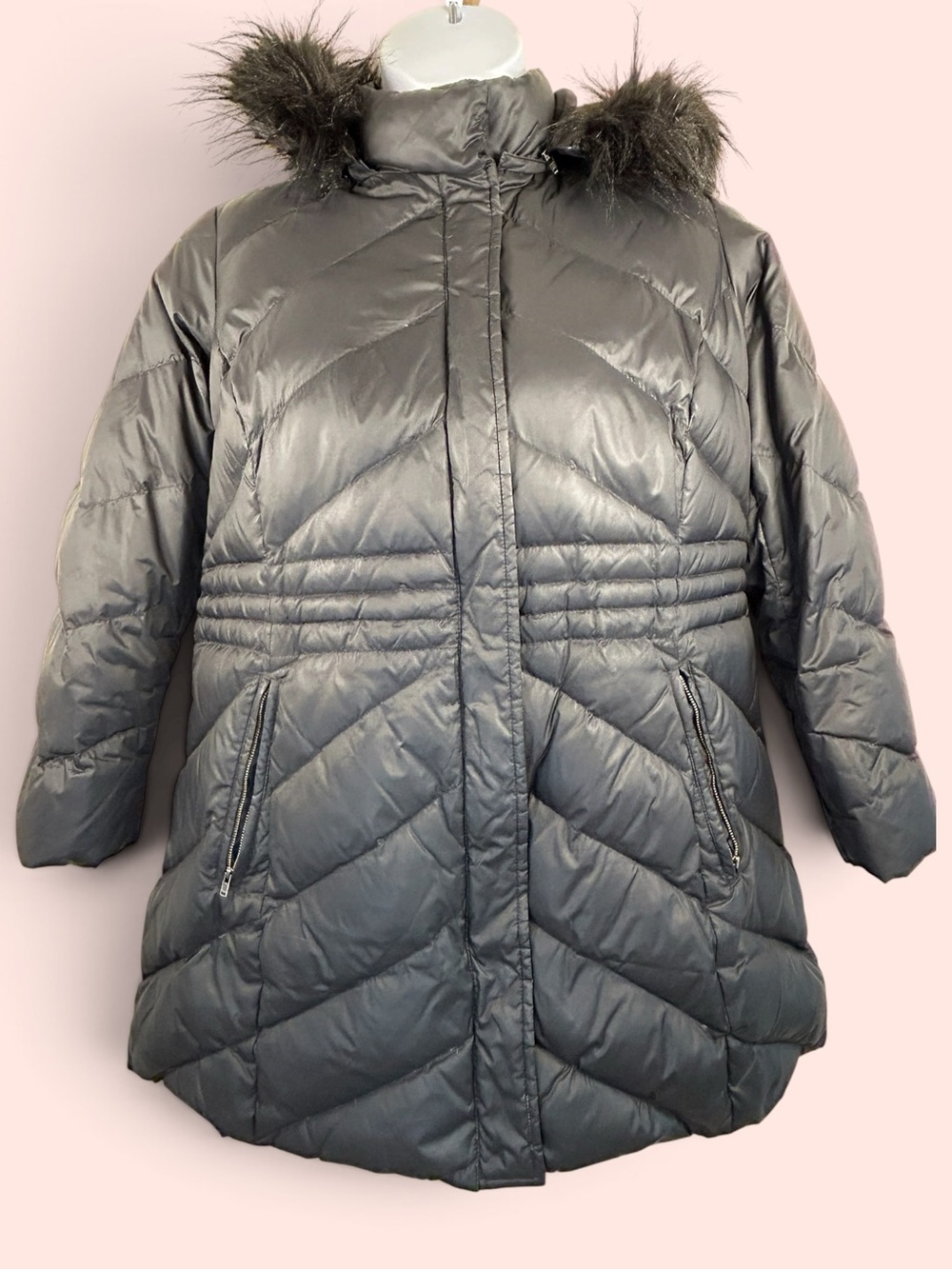 Talbots Women’s 1XP Petite Black Down Puffer Coat Faux Fur Hood